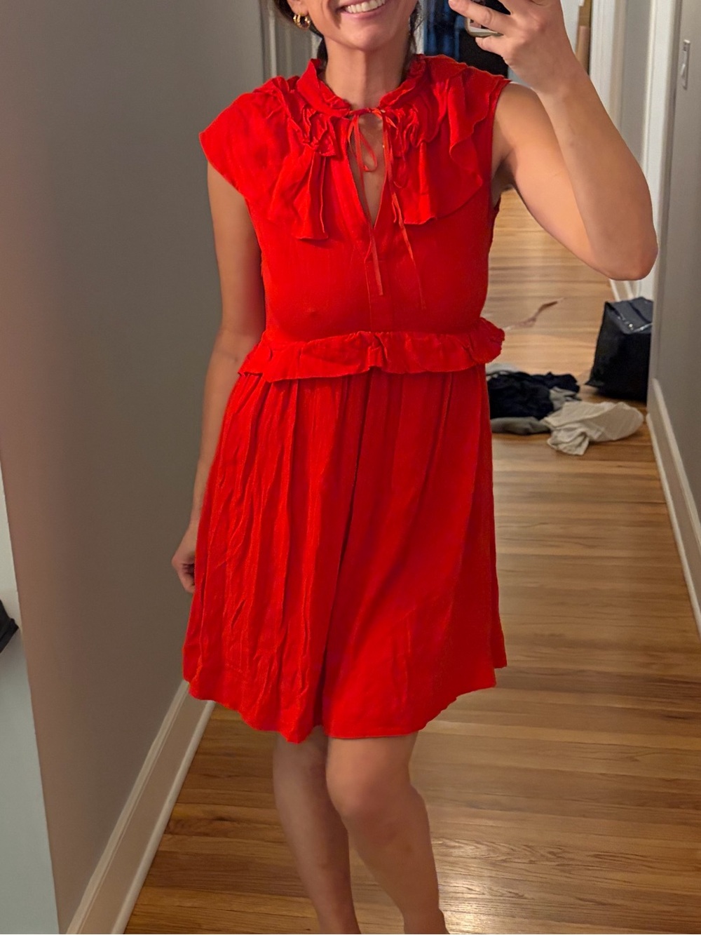 Maje Rutta Red Ruffled Crepe Mini Dress Size 2 US 6 - Picture 3 of 12
